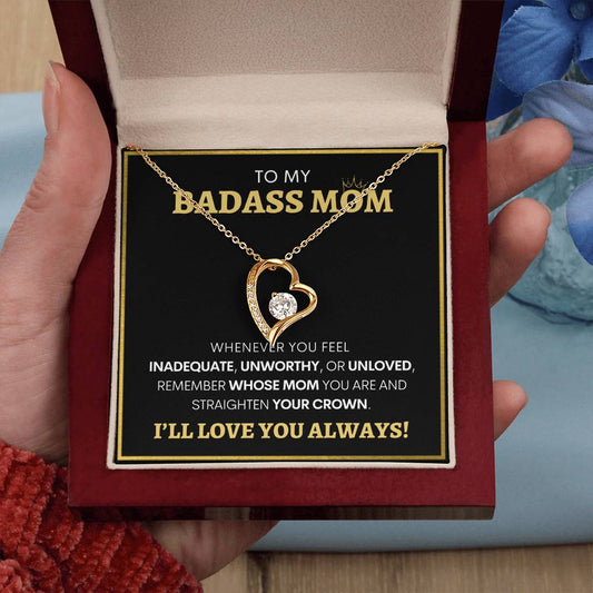 Show Your Forever Love for Your Badass Mom With This Heart Pendent and Gift Card Box, Mother's Day Gift, Special Birthday Gift for Mom, Gift for Mom (BLACK BG)