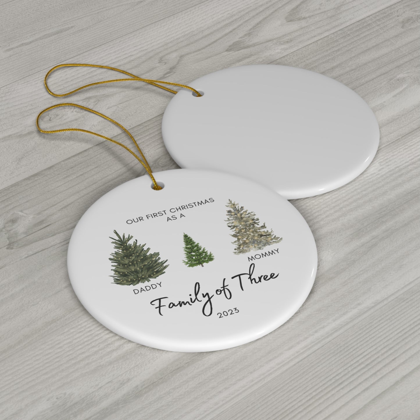 Family of Three Ceramic Christmas Ornament | Personalized Baby's First Christmas Ornament