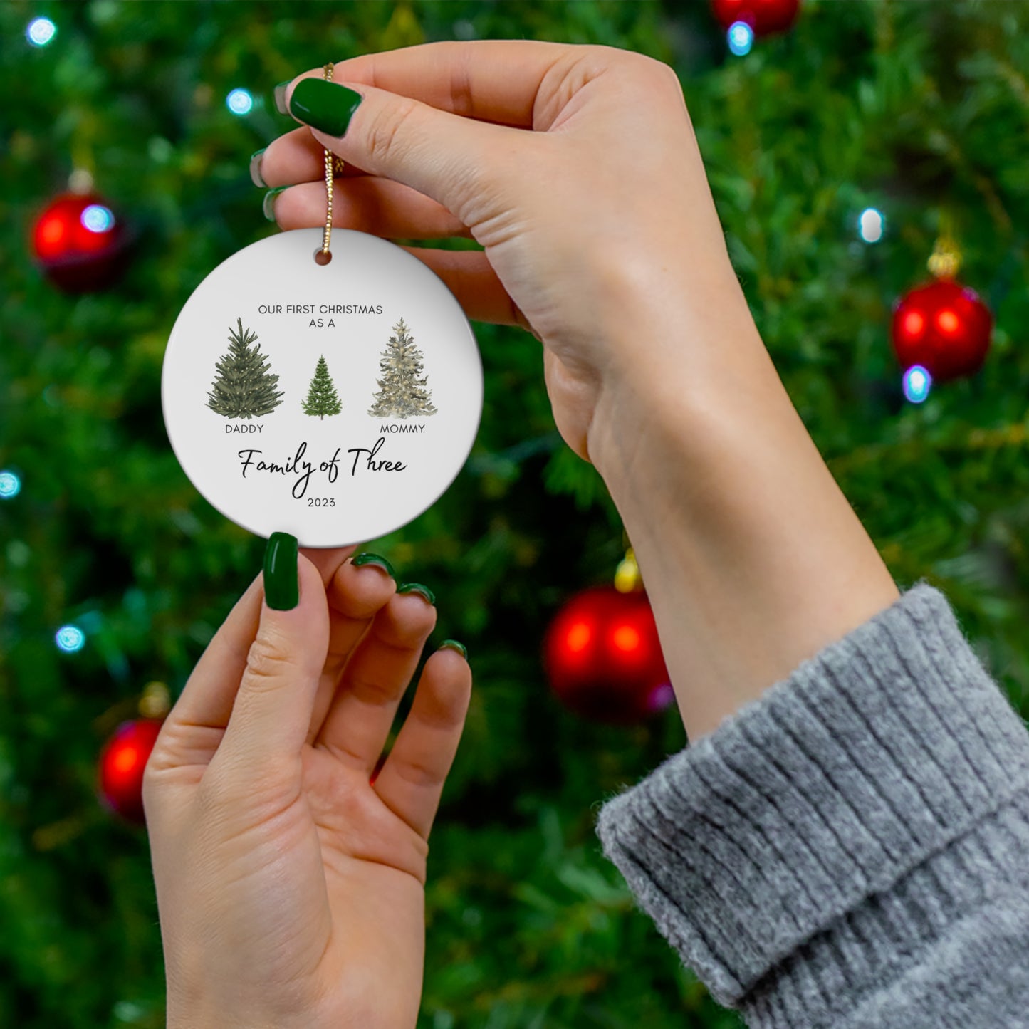 Family of Three Ceramic Christmas Ornament | Personalized Baby's First Christmas Ornament