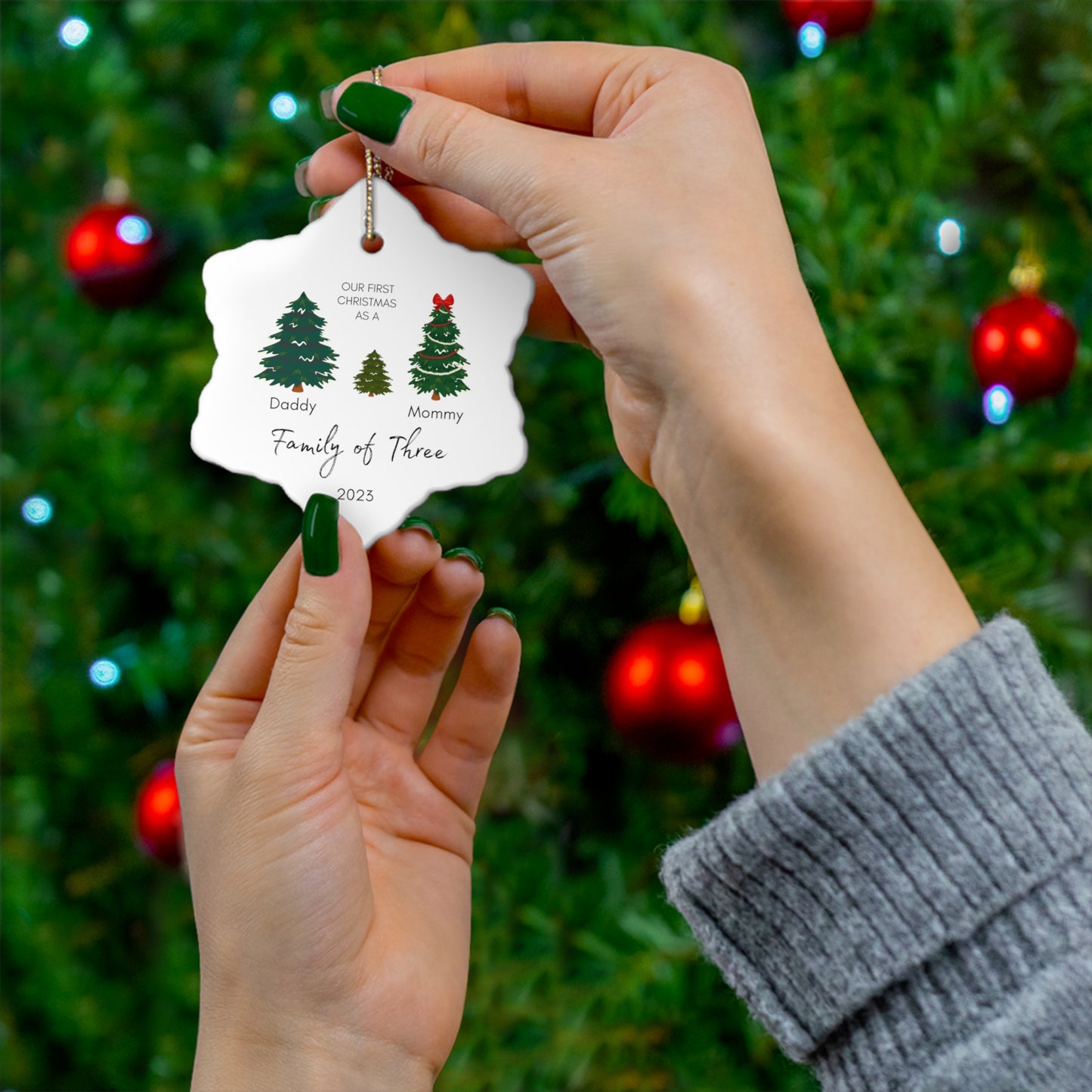 Family of Three Ceramic Christmas Ornament | Personalized Baby's First Christmas Ornament | v2