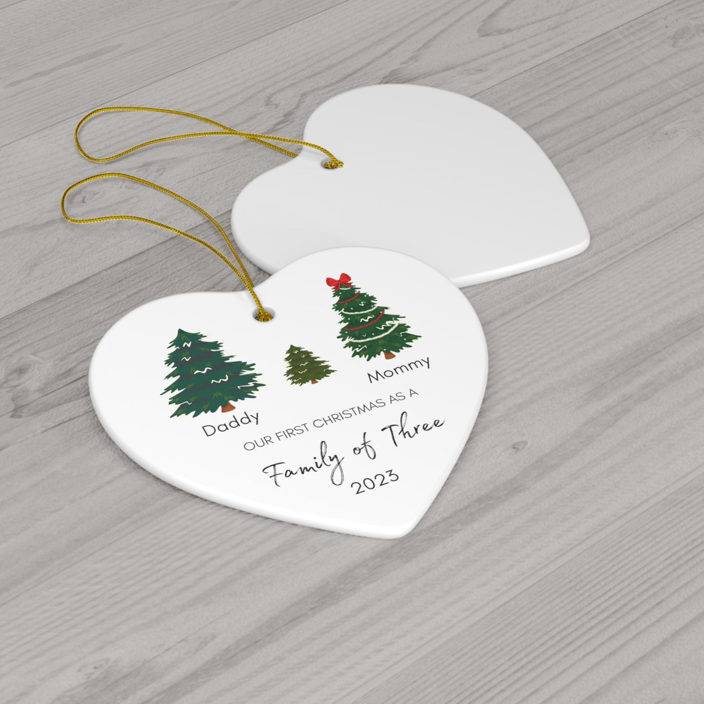 Family of Three Ceramic Christmas Ornament | Personalized Baby's First Christmas Ornament | v2