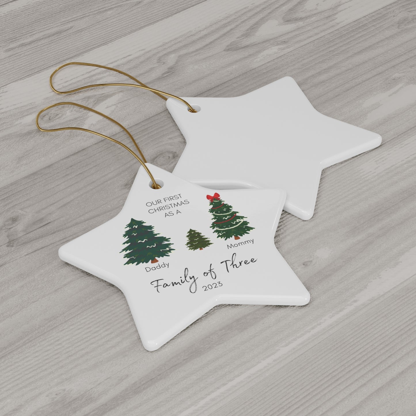 Family of Three Ceramic Christmas Ornament | Personalized Baby's First Christmas Ornament | v2