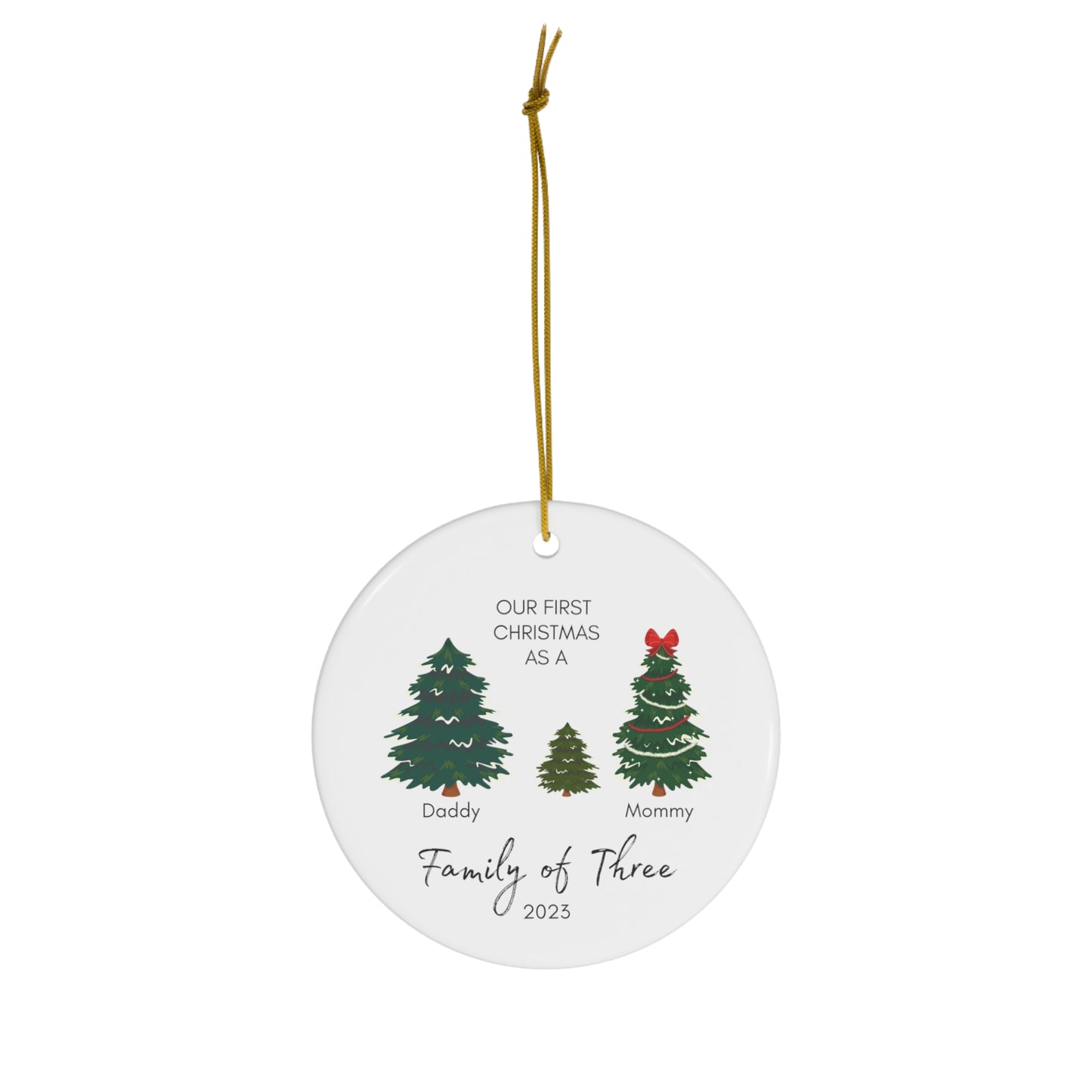 Family of Three Ceramic Christmas Ornament | Personalized Baby's First Christmas Ornament | v2