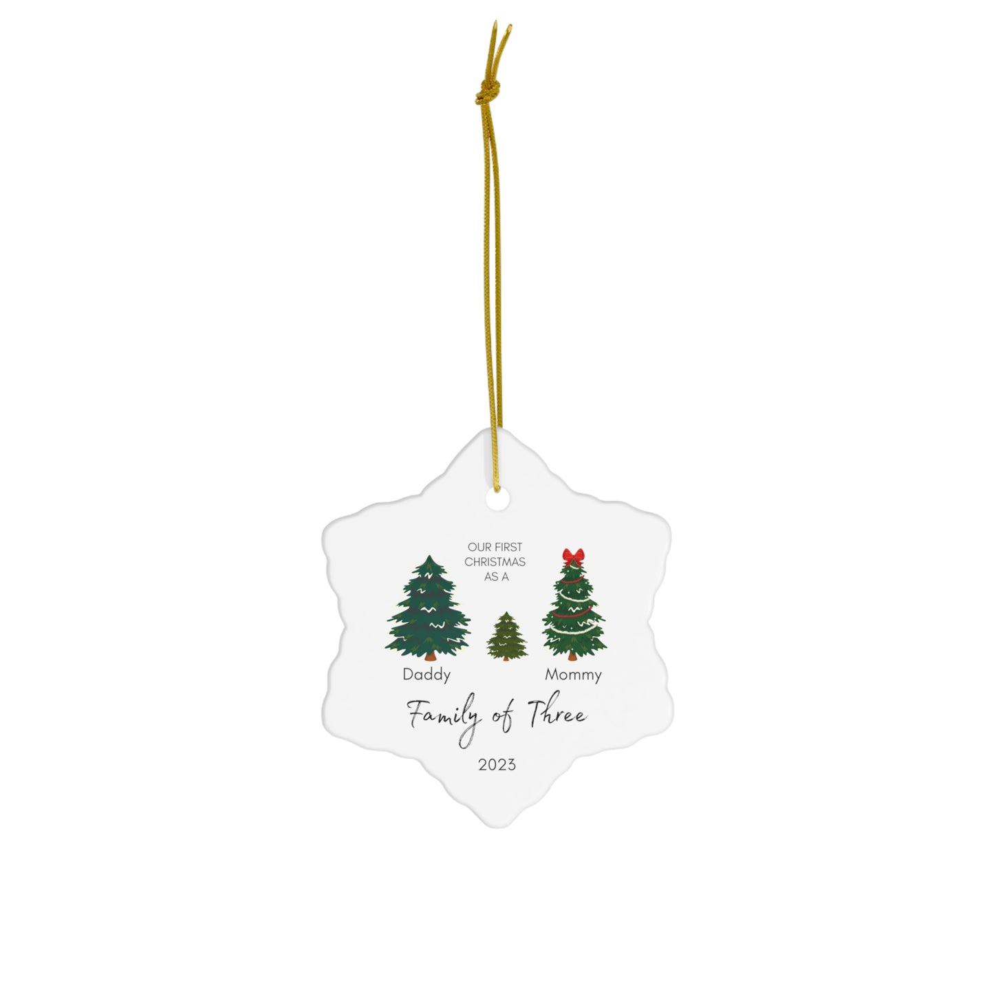 Family of Three Ceramic Christmas Ornament | Personalized Baby's First Christmas Ornament | v2