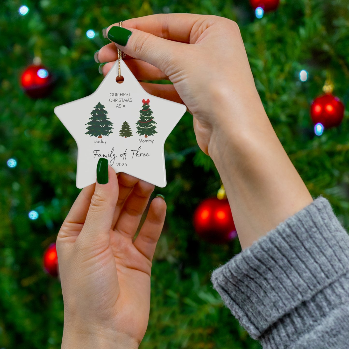 Family of Three Ceramic Christmas Ornament | Personalized Baby's First Christmas Ornament | v2