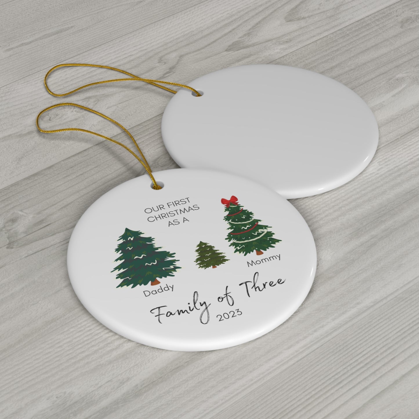 Family of Three Ceramic Christmas Ornament | Personalized Baby's First Christmas Ornament | v2