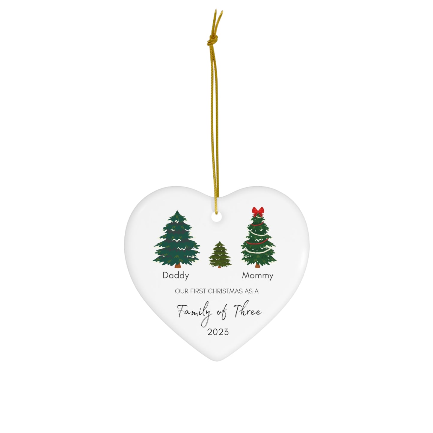 Family of Three Ceramic Christmas Ornament | Personalized Baby's First Christmas Ornament | v2