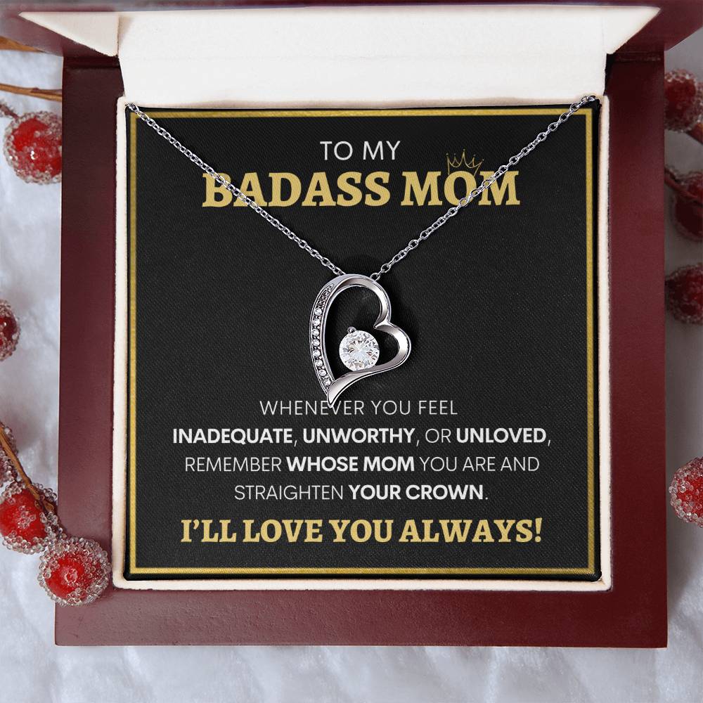 Show Your Forever Love for Your Badass Mom With This Heart Pendent and Gift Card Box, Mother's Day Gift, Special Birthday Gift for Mom, Gift for Mom (BLACK BG)