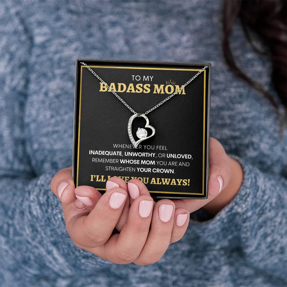 Show Your Forever Love for Your Badass Mom With This Heart Pendent and Gift Card Box, Mother's Day Gift, Special Birthday Gift for Mom, Gift for Mom (BLACK BG)