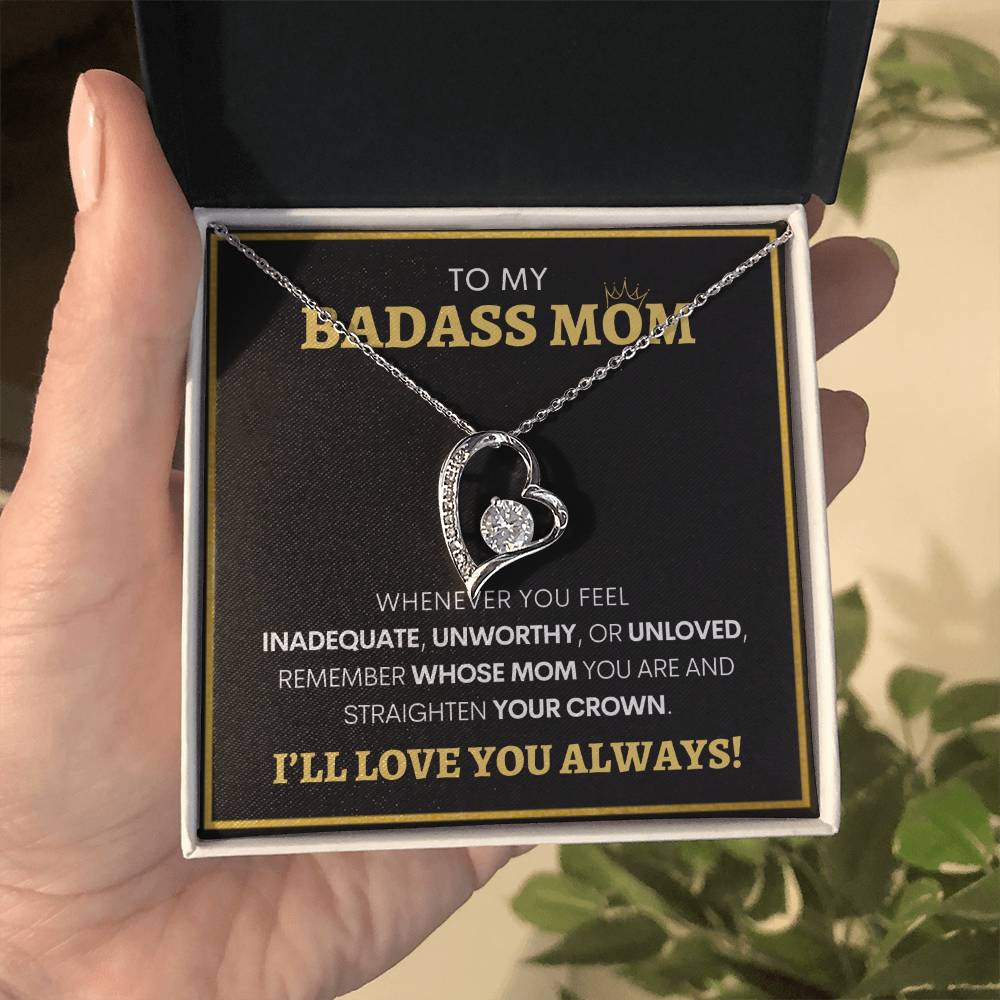 Show Your Forever Love for Your Badass Mom With This Heart Pendent and Gift Card Box, Mother's Day Gift, Special Birthday Gift for Mom, Gift for Mom (BLACK BG)