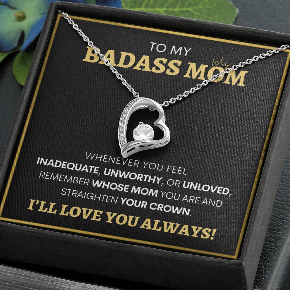 Show Your Forever Love for Your Badass Mom With This Heart Pendent and Gift Card Box, Mother's Day Gift, Special Birthday Gift for Mom, Gift for Mom (BLACK BG)